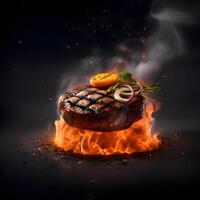 Burger with fire on a black background. Flying hamburger., Image photo