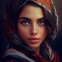 Portrait of a beautiful girl with a shawl on her head., Image photo