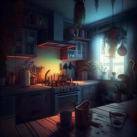 3d render of a cozy kitchen in the evening. Night., Image photo
