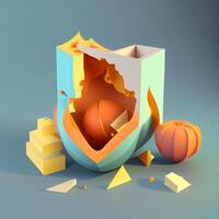 Abstract 3d illustration of an apple cut in half with a slice missing., Image photo