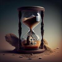 Time is running out concept. Hourglass with house on sand., Ai Generative Image photo