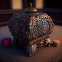 A 3D render of an ancient casket on a table., Image photo