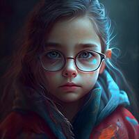 3d illustration of a little girl with glasses and a red coat., Image photo