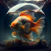 Goldfish in a round aquarium. 3d render. Conceptual image., Image photo