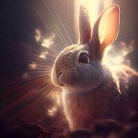 Conejo en el antecedentes de el cielo con rayos de luz., ai generativo imagen foto