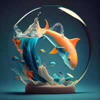 3d ilustración de un pescado saltando fuera de un agua globo., ai generativo imagen foto