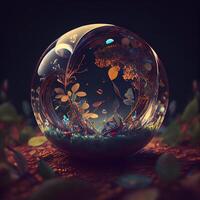 3d illustration of a crystal ball with a floral pattern inside., Image photo