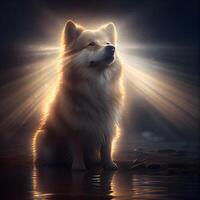 Pembroke Welsh Corgi dog standing in water with rays of light., Image photo