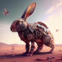3D rendering of a fantasy rabbit in the desert with butterflies., Image photo