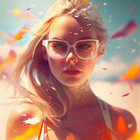 Portrait of a beautiful young girl in sunglasses on the beach., Image photo