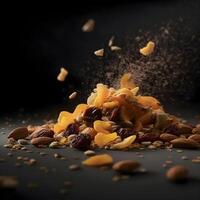 Nuts falling into a wooden bowl. Shot in a studio., Image photo