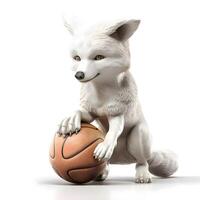 Cute little white fox with basketball isolated on white background. Studio shot., Image photo