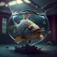Fish in a glass aquarium. 3D illustration. Conceptual image., Image photo