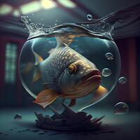 Fish in a glass aquarium. 3D illustration. Conceptual image., Image photo