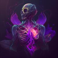 Human skeleton with glowing organs. illustration of a human body anatomy., Image photo