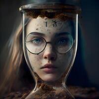 joven mujer en un reloj de arena con arena. conceptual imagen de tiempo., ai generativo imagen foto