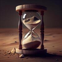 Hourglass with sand on a wooden table. Concept of time., Ai Generative Image photo