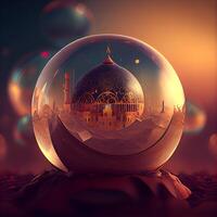 Crystal ball with mosque in the background. Ramadan Kareem greeting card., Image photo