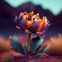 3D illustration of a beautiful flower in the desert with mountains., Image photo