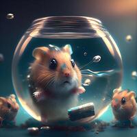 Hamster in a glass aquarium with a metal pipe. Conceptual image., Image photo