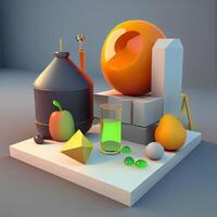 3d illustration of modern abstract composition with geometric shapes and fruits., Image photo