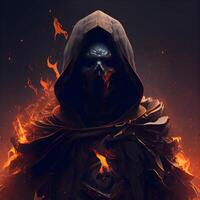 Mysterious man in the fire. Halloween concept. 3D illustration, Image photo
