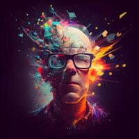 Portrait of a man with glasses and abstract colorful paint splashes., Image photo