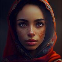 retrato de un hermosa joven mujer en un rojo chal., ai generativo imagen foto