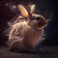 Rabbit with magic sparks on a dark background. Fantasy image., Image photo