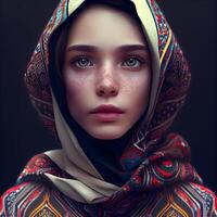 Portrait of a beautiful girl in a headscarf. Ethnic style., Image photo