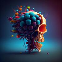 3d illustration of human skull with brain made of colorful balloons., Image photo