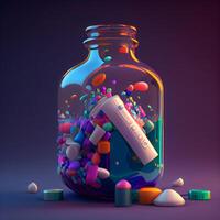 3d illustration of a bottle filled with colorful pills and a blank label., Image photo