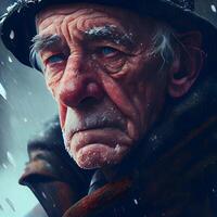 Close-up portrait of an old man in a hat and raincoat., Image photo