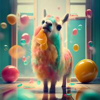 Funny llama with colorful balloons. Photo in old color image style., Image