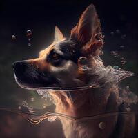 Portrait of a german shepherd dog in water with bubbles., Image photo