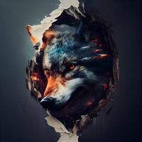 Fantasy portrait of a wolf in a hole in the wall., Image photo