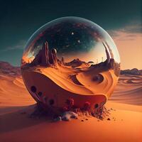 Fantasy planet in the desert. 3d illustration. Virtual reality., Image photo