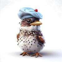 Cute little owl in a beret and a blue cap., Image photo