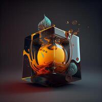 Artistic 3d illustration of an unusual crystal cube with a candle inside., Image photo