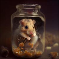 Hamster in a glass jar on a dark background. The concept of the new year 2020., Image photo