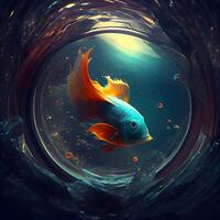 3D illustration of a goldfish swimming in a water tunnel., Image photo