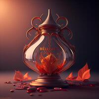 3d rendering of a clay pot with a burning candle inside., Image photo