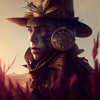 Portrait of a steampunk woman in the field. Fantasy and imagination., Image photo