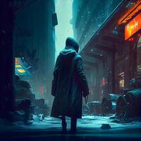 A man in a raincoat walks through the city at night., Image photo