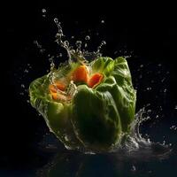 Water splash with fresh vegetables isolated on black background. Red bell pepper and green lettuce., Image photo