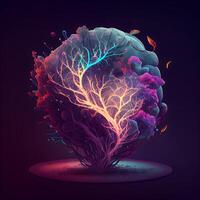 Abstract illustration of tree with glowing leaves in the form of a brain., Image photo