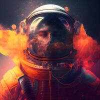 Astronaut in space suit. Fire and smoke on the background., Image photo