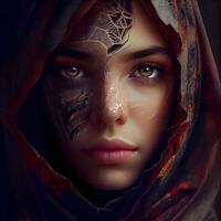 Close-up portrait of a beautiful girl in a red veil. Portrait of a beautiful young woman., Image photo