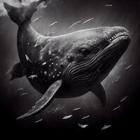 jorobado ballena en el mar. 3d ilustración. negro y blanco., ai generativo imagen foto