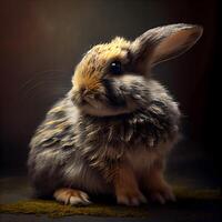 linda pequeño Conejo sentado en un oscuro antecedentes. Pascua de Resurrección conejito., ai generativo imagen foto